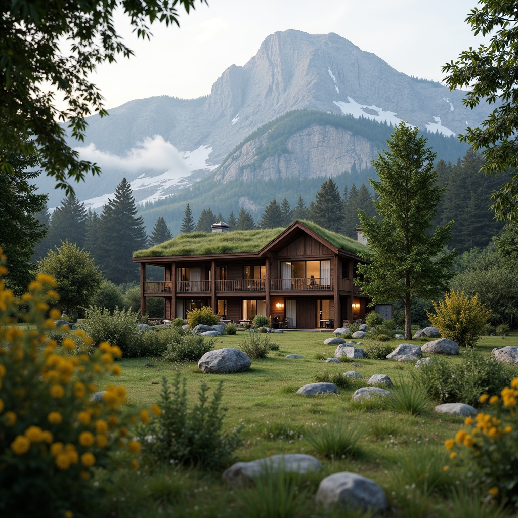 Prompt: Harmonious mountain lodge, rustic wooden accents, natural stone walls, earthy color palette, lush green roofs, wildflower meadows, serene forest surroundings, misty morning atmosphere, warm soft lighting, shallow depth of field, 3/4 composition, panoramic view, realistic textures, ambient occlusion.