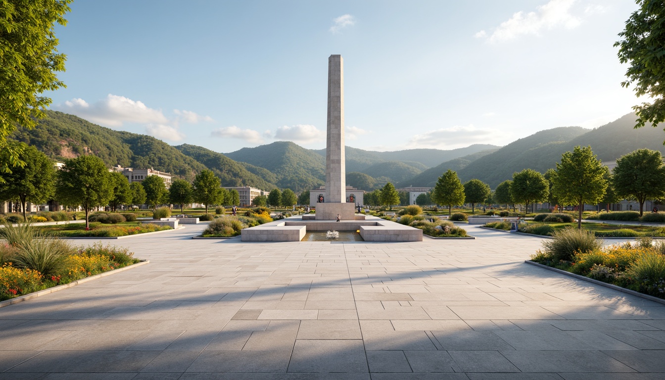 Prompt: Serenely lit monument plaza, vast open spaces, minimalist architecture, clean lines, simple forms, natural stone flooring, subtle water features, surrounding landscape integration, rolling hills, lush greenery, vibrant wildflowers, sunny day, soft warm lighting, shallow depth of field, 3/4 composition, panoramic view, realistic textures, ambient occlusion.