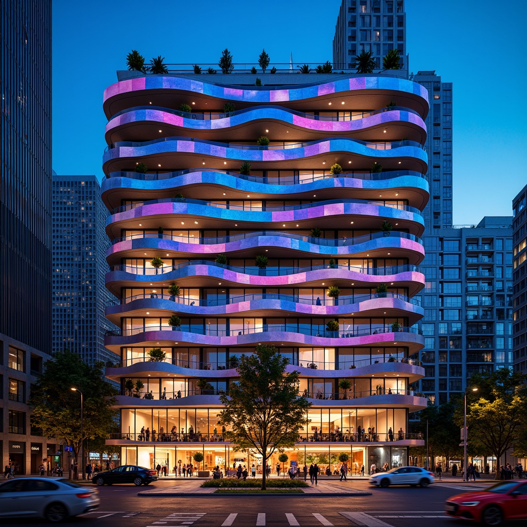 Prompt: Vibrant hotel facade, undulating curves, iridescent colors, kinetic patterns, biomimetic elements, organic shapes, parametric design, futuristic aesthetic, sleek metal cladding, glass balconies, LED lighting installations, urban cityscape, bustling streets, dynamic nightlife, warm ambient glow, shallow depth of field, 1/1 composition, cinematic view, realistic reflections, ambient occlusion.