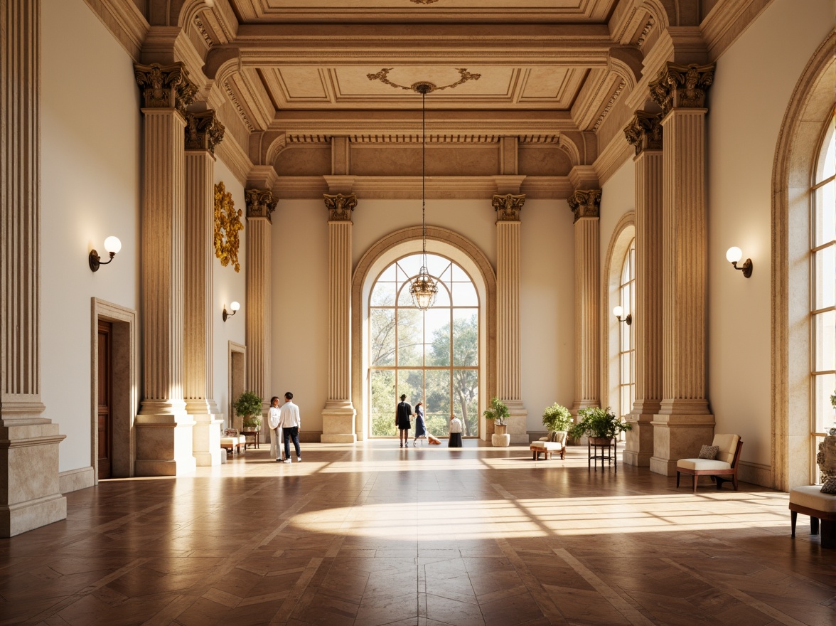 Prompt: Grand gymnasium hall, neoclassical architecture style, warm beige stone walls, creamy white marble columns, rich dark wood flooring, elegant golden lighting fixtures, soft warm color scheme, earthy tone accents, ornate moldings, classic Greek-inspired details, high ceilings, large windows, natural light pouring in, subtle shadowing, 1/1 composition, realistic textures, ambient occlusion.