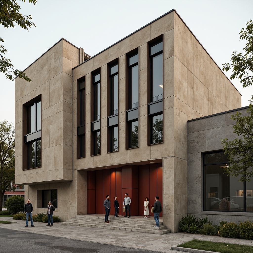 Prompt: Monumental courthouse building, Bauhaus-inspired architecture, clean lines, rectangular forms, industrial materials, raw concrete walls, steel frames, large windows, minimalist decorations, earthy color palette, muted tones, beige stucco, dark grey stone, rich wood accents, bold red doors, soft warm lighting, shallow depth of field, 3/4 composition, symmetrical view, realistic textures, ambient occlusion.