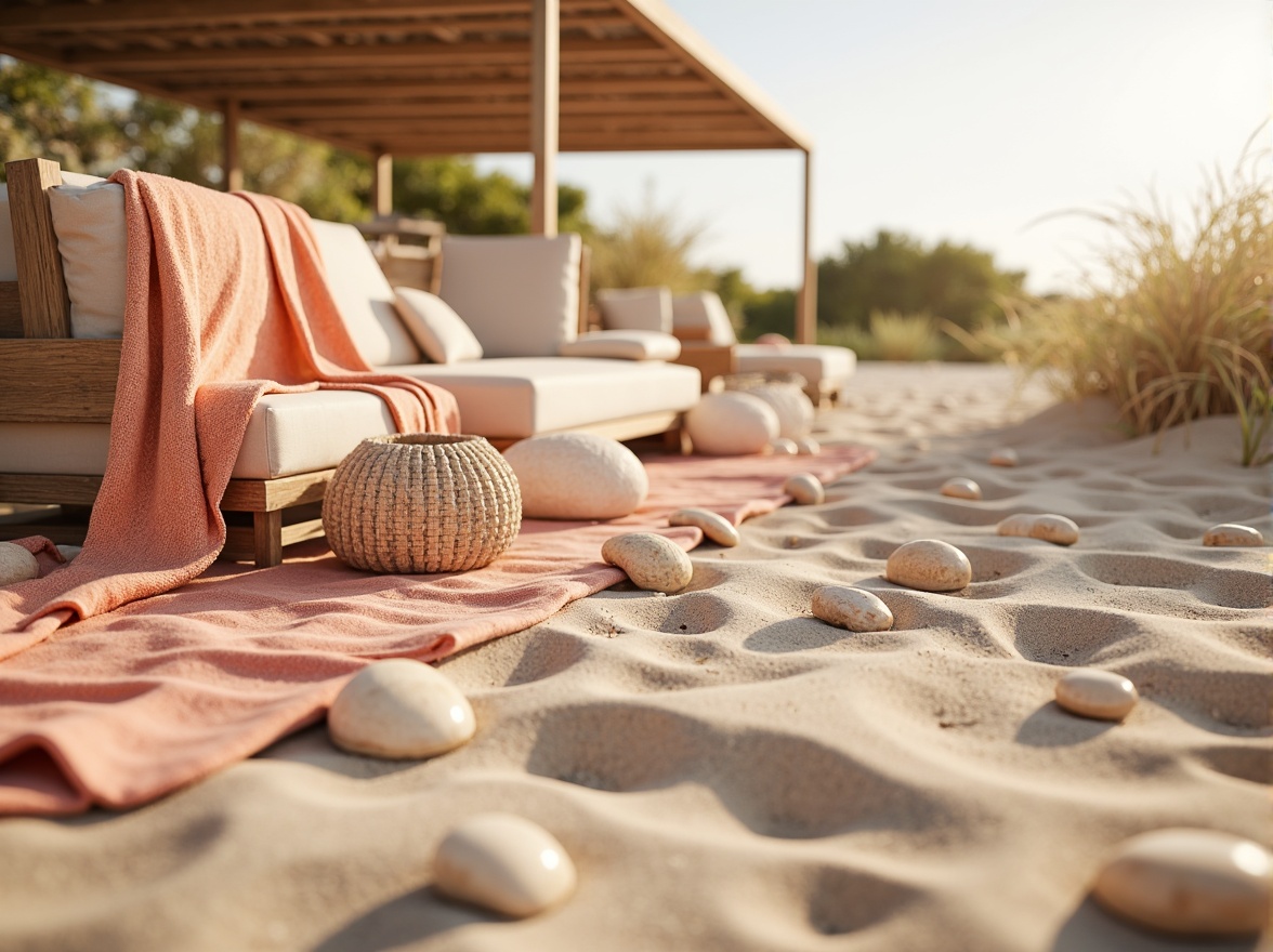 Prompt: Warm sandy beach, soft peach hues, driftwood accents, ocean-inspired textiles, wavy patterns, natural sea shells, coastal breeze, sunny afternoon, gentle warm lighting, shallow depth of field, 1/1 composition, realistic textures, ambient occlusion, calming atmosphere, serene ambiance, organic shapes, earthy materials, weathered wood, rustic decor, nautical elements, subtle coral motifs.