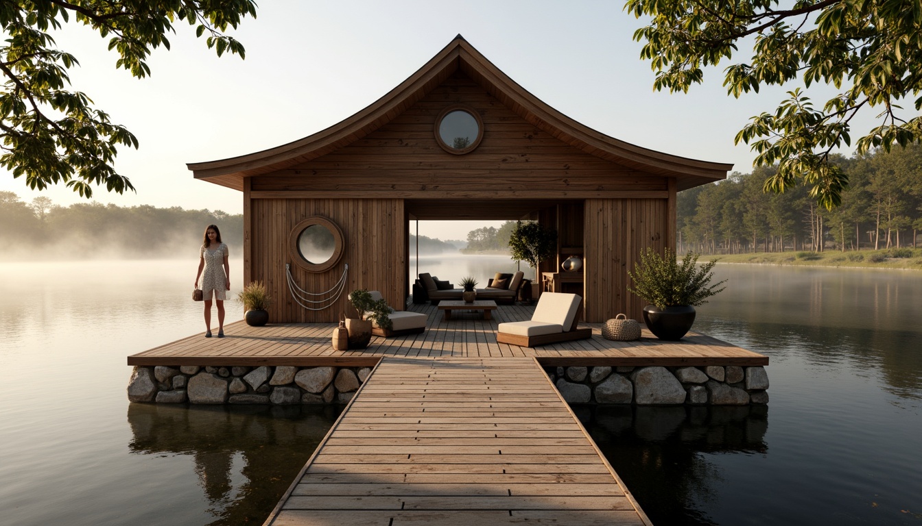 Prompt: Rustic boathouse, wooden dock, serene lake, misty morning, warm sunlight, natural stone foundation, wooden slats, nautical ropes, porthole windows, curved lines, minimalist decor, functional storage, sailboat-inspired design, weathered wood textures, soft warm lighting, shallow depth of field, 1/1 composition, symmetrical view, realistic reflections, ambient occlusion.