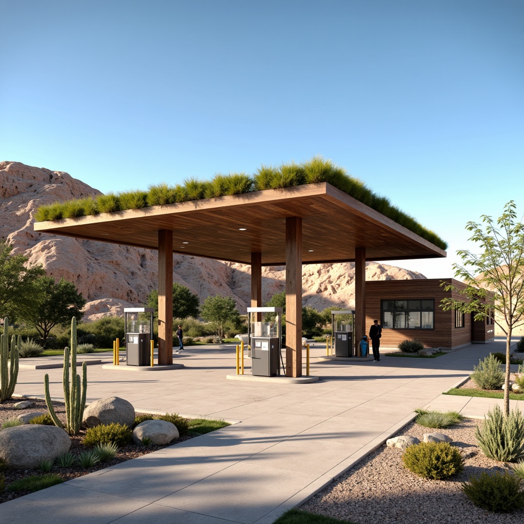 Prompt: Rustic gas station, natural stone walls, wooden accents, green roofs, solar panels, modern architecture, angular lines, minimalist design, desert landscape, cactus plants, hot sunny day, clear blue sky, vast open space, fuel pumps, vehicle parking spaces, pedestrian walkways, native plant species, drought-resistant flora, eco-friendly materials, innovative water conservation systems, shaded outdoor spaces, misting systems, warm color palette, soft warm lighting, shallow depth of field, 3/4 composition, panoramic view, realistic textures, ambient occlusion.