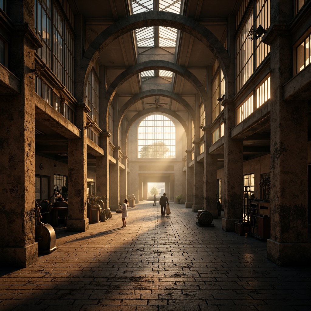 Prompt: Rustic warehouse, industrial aesthetic, Gothic arches, stone walls, ornate metalwork, distressed wood accents, vintage machinery, exposed brick, urban decay, atmospheric mist, warm golden lighting, low-key contrast, 1/2 composition, shallow depth of field, cinematic mood, intricate stonework, grandiose scale, mysterious ambiance.