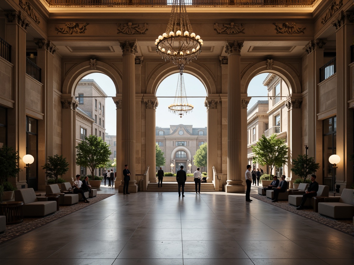 Prompt: Grandiose bank fa\u00e7ade, classical columns, ornate details, symmetrical composition, imposing entrance, polished marble floors, elegant chandeliers, spacious atrium, natural light pouring in, solemn atmosphere, formal business setting, professional attire, subtle textures, muted color palette, soft warm lighting, shallow depth of field, 3/4 composition, realistic rendering.