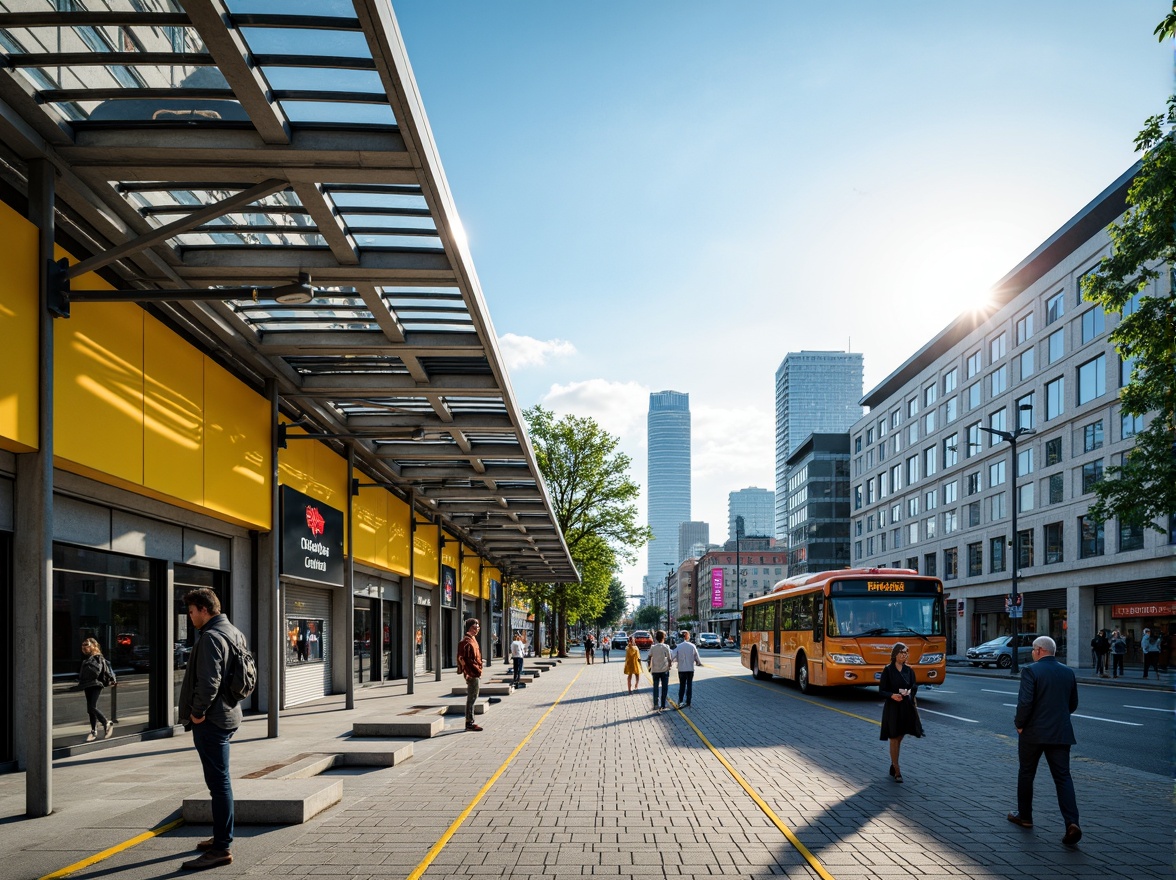 Prompt: Vibrant bus station, modern architectural design, bold color scheme, bright yellow accents, deep blue tones, sleek metal structures, glass roofs, natural stone flooring, urban cityscape, busy streets, morning sunlight, soft warm lighting, shallow depth of field, 3/4 composition, panoramic view, realistic textures, ambient occlusion.