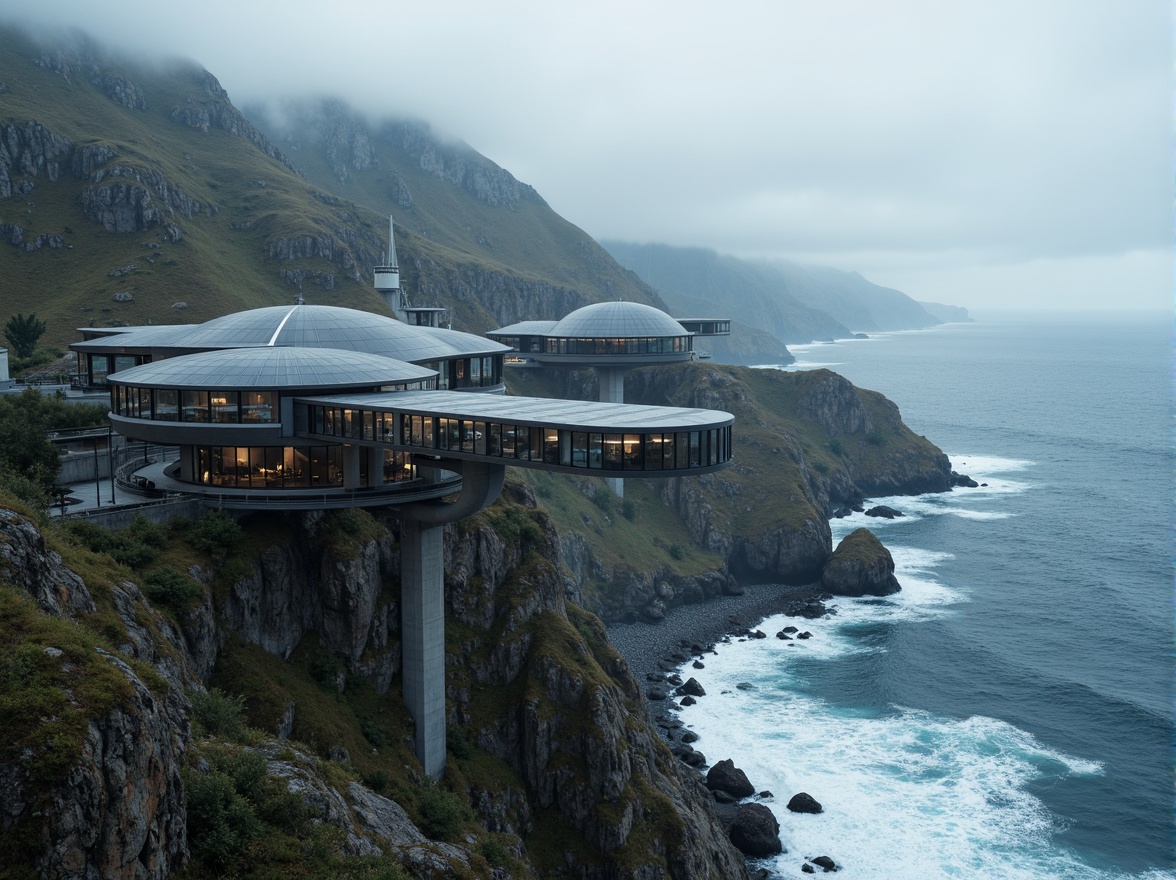 Prompt: Wave-crashing coastline, rugged sea cliffs, ocean breeze, futuristic high-tech architecture, sleek metallic fa\u00e7ades, angular lines, geometric patterns, LED lighting systems, solar panels, wind turbines, hydroelectric power generators, reinforced concrete structures, industrial piping systems, steel beams, minimalist design, functional simplicity, overcast sky, misty atmosphere, shallow depth of field, 2/3 composition, cinematic view, realistic textures, ambient occlusion.