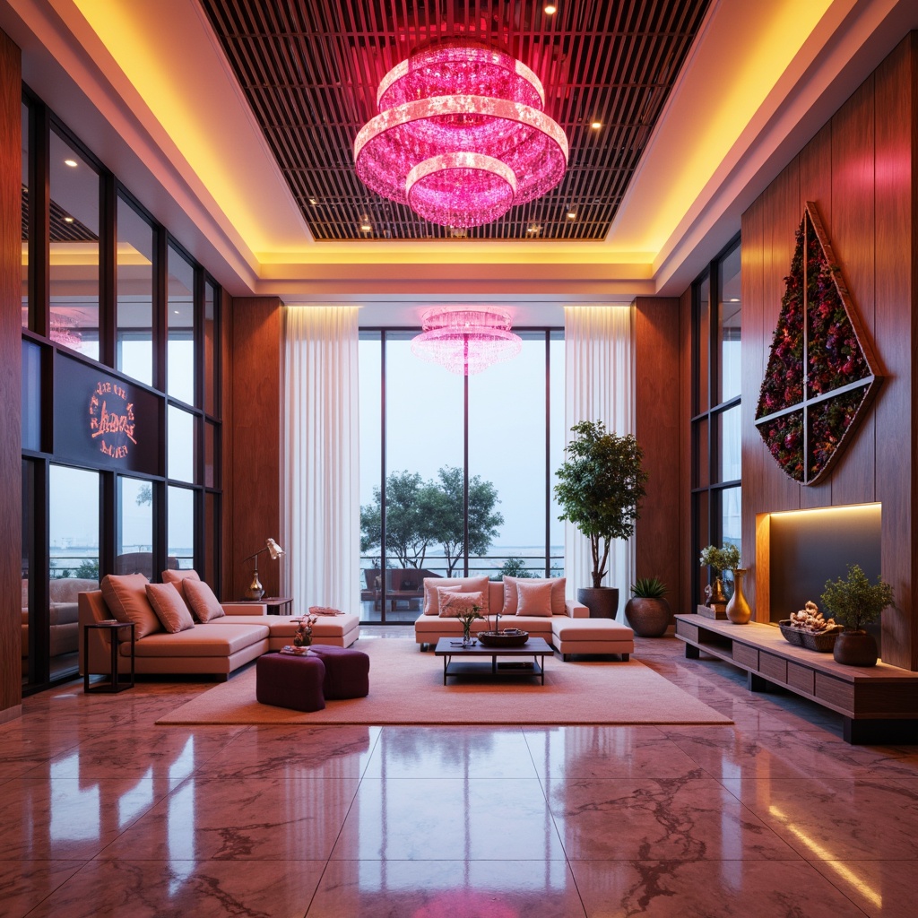 Prompt: Vibrant modern architecture, bold neon lights, sleek metallic surfaces, rich wood accents, luxurious marble floors, grandiose chandeliers, spacious open-plan living areas, floor-to-ceiling windows, minimalist decor, pastel color palette, soft warm glow, shallow depth of field, 1/1 composition, realistic textures, ambient occlusion.