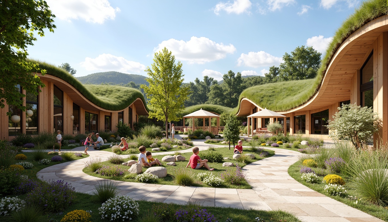 Prompt: Whimsical kindergarten, curved organic buildings, natural wood accents, lush green roofs, vibrant flower gardens, winding stone pathways, colorful mosaic art, playful outdoor furniture, shaded canopy structures, soft earthy tones, warm sunny day, gentle breeze, 1/2 composition, shallow depth of field, realistic textures, ambient occlusion.