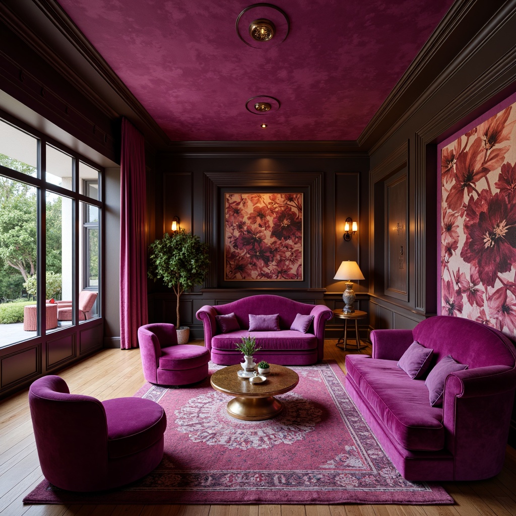 Prompt: Luxurious interior, rich orchid hues, velvet furnishings, golden accents, ornate patterns, lavish textiles, soft warm lighting, shallow depth of field, 1/1 composition, intimate atmosphere, elegant curves, sophisticated lines, refined decorative elements, subtle shimmer effects, high-end materials, marble countertops, polished wood floors, statement pieces, plush area rugs, modern minimalist backdrop, dramatic ceiling fixtures, opulent ambiance.