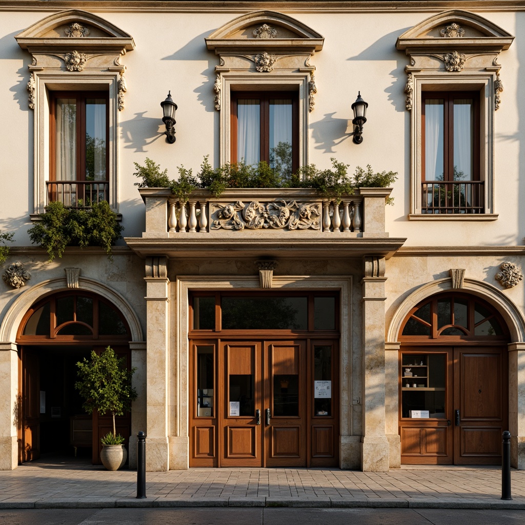 Prompt: Ornate workshop facade, classicist details, rusticated stone walls, arched windows, ornamental cornices, grand entrance, wooden double doors, metal lanterns, subtle color palette, beige stonework, cream-colored trim, symmetrical composition, central axis, Renaissance-inspired carvings, intricate moldings, dramatic chiaroscuro, warm golden lighting, shallow depth of field, 1/2 composition, realistic textures, ambient occlusion.