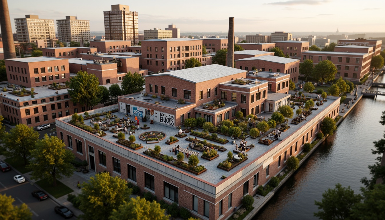 Prompt: Industrial heritage, converted factory buildings, exposed brick walls, steel beams, modern social housing, vibrant street art, urban gardens, green rooftops, communal outdoor spaces, eclectic mix of old and new architecture, revitalized waterfront, bustling city streets, warm golden lighting, shallow depth of field, 1/1 composition, realistic textures, ambient occlusion.