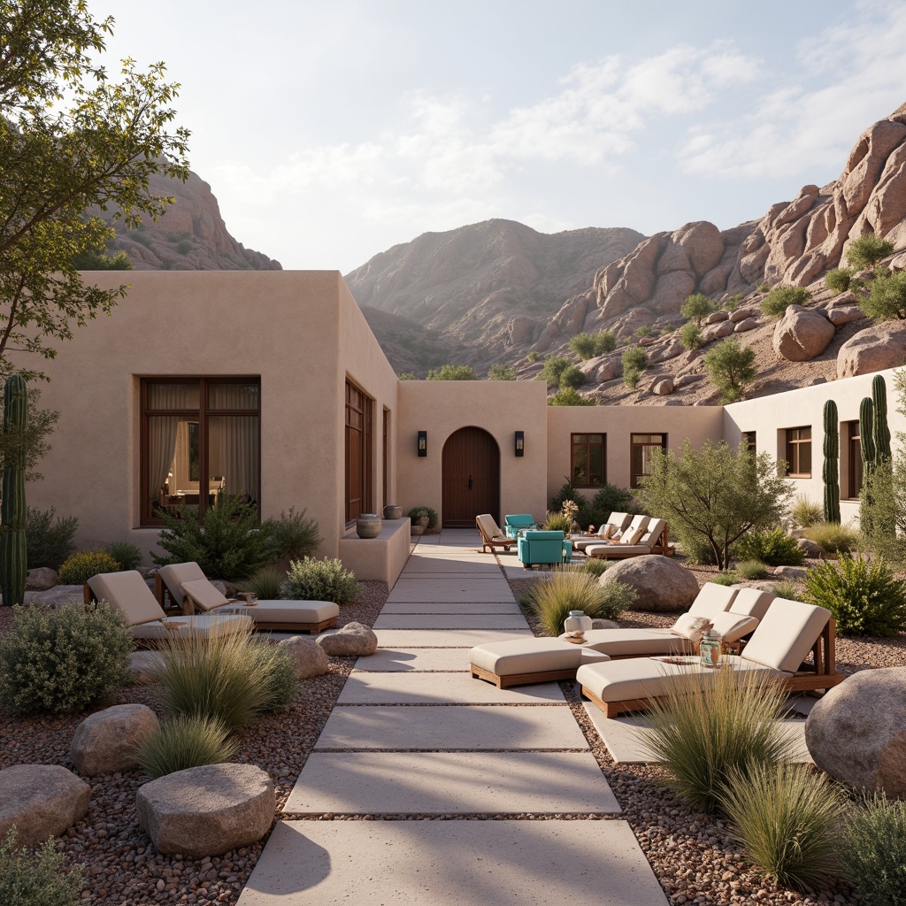 Prompt: Soft lilac hues, warm beige tones, earthy canyon landscapes, modern southwestern homes, curved lines, natural stone exteriors, stucco walls, terracotta roofs, desert flora, cacti plants, succulents, vibrant turquoise accents, rustic wooden doors, wrought iron details, cozy interior nooks, plush throw blankets, soft warm lighting, shallow depth of field, 1/2 composition, panoramic view, realistic textures, ambient occlusion.