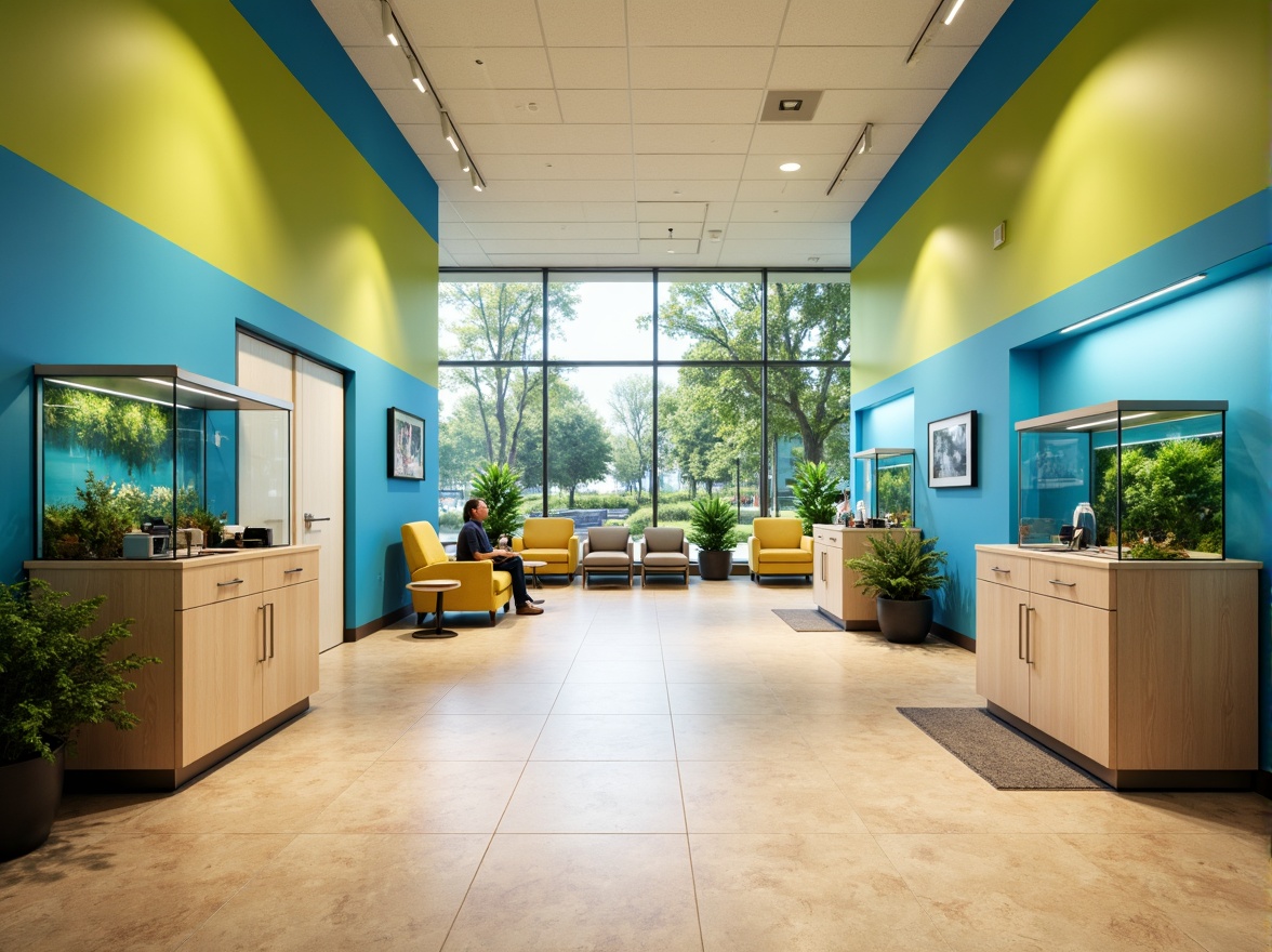 Prompt: Vibrant rehabilitation center, calming blue walls, soothing green accents, natural wood tones, warm beige flooring, comfortable seating areas, gentle diffused lighting, peaceful aquariums, serene water features, lush indoor plants, calming soundscapes, modern minimalist decor, ergonomic furniture design, accessible ramps, wide corridors, clear signage, supportive staff stations, private therapy rooms, cozy reading nooks, adaptive technology integration, soft warm color schemes, high contrast visuals, 1/2 composition, shallow depth of field, realistic textures.