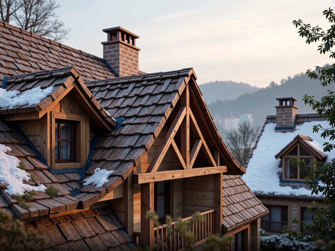 Prompt: Rustic residential roof, curved clay tiles, earthy color palette, wooden beam supports, natural slate shingles, traditional gabled design, ornate chimneys, cozy attic windows, snow-covered rooftops, winter morning scene, soft warm lighting, shallow depth of field, 1/1 composition, realistic textures, ambient occlusion.Let me know if you need any adjustments!