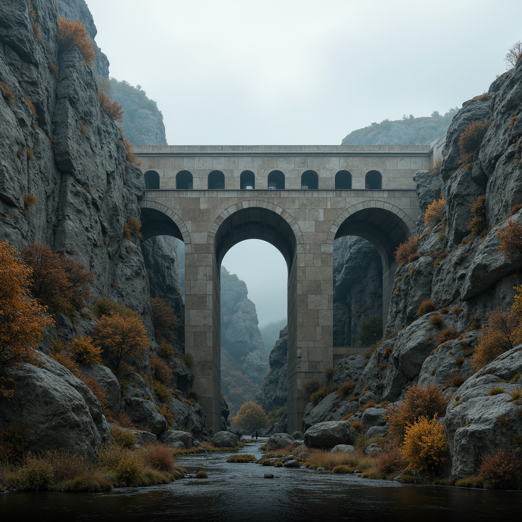 Prompt: Rugged mountainous terrain, rocky outcrops, sturdy abutment structures, reinforced concrete foundations, robust steel frames, monumental arches, imposing stone walls, weathered wooden accents, misty atmospheric effects, soft natural lighting, shallow depth of field, 2/3 composition, symmetrical balance, realistic textures, ambient occlusion.