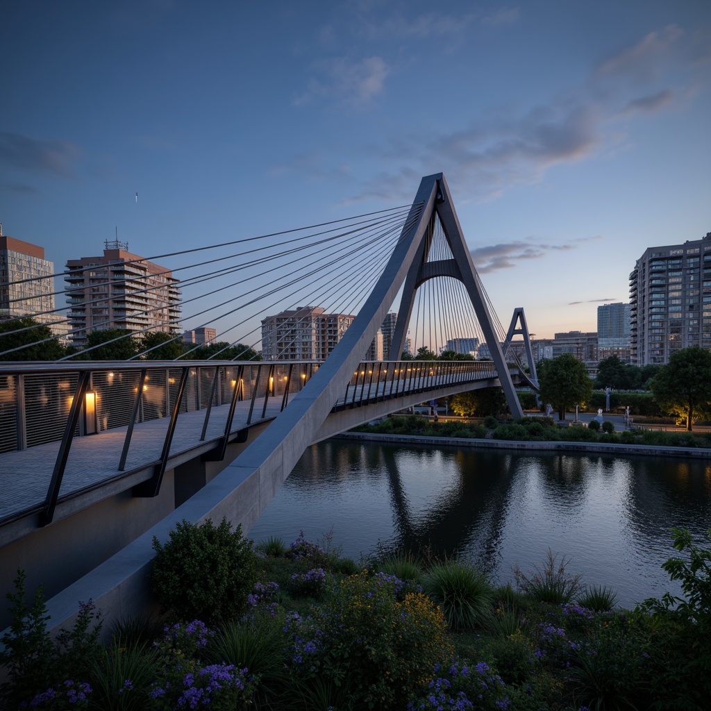 Prompt: Curved pedestrian bridge, sleek metal railings, translucent glass floors, suspension cables, angular piers, modern urban landscape, vibrant city lights, nighttime illumination, misty atmosphere, shallow depth of field, 3/4 composition, realistic textures, ambient occlusion, gentle water reflections, riverbank scenery, lush greenery, blooming flowers, sunny day, soft warm lighting.