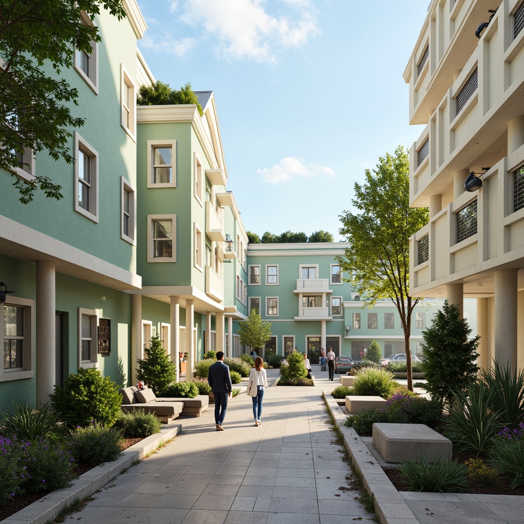 Prompt: Celadon-hued buildings, soft mint green walls, creamy white accents, subtle beige textures, elegant archways, refined column details, ornate metalwork, sophisticated urban landscape, modern cityscape, bustling street life, vibrant flower arrangements, lush green roofs, natural stone paving, warm sunny day, gentle softbox lighting, shallow depth of field, 1/2 composition, realistic reflections, ambient occlusion.Please let me know if this meets your requirements!