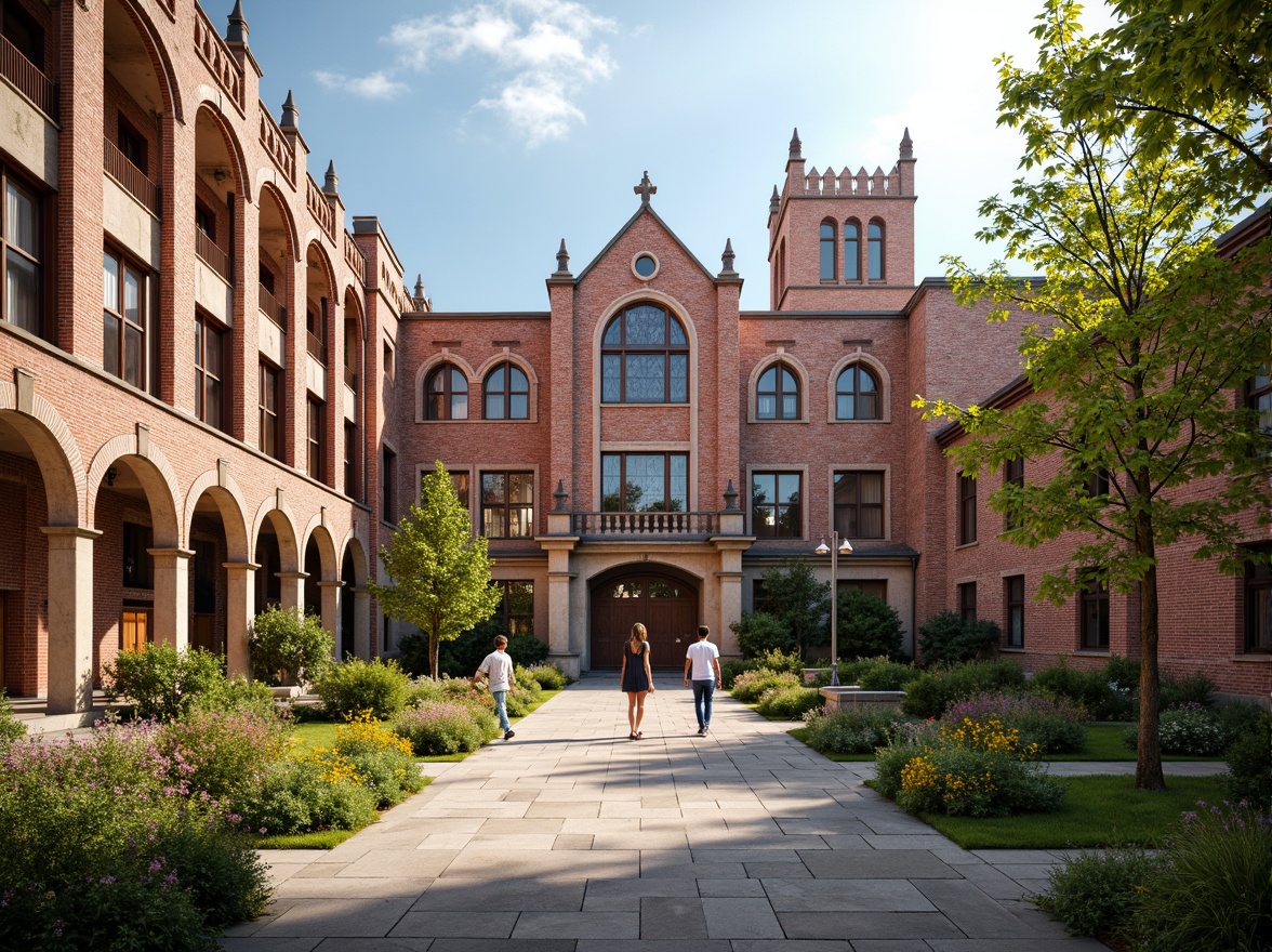 Prompt: Rustic high school building, Romanesque facade, arches and columns, red brick exterior, stone carvings, ornate details, grand entrance, heavy wooden doors, stained glass windows, gothic-inspired architecture, asymmetrical towers, greenery-filled courtyard, vibrant flower beds, natural stone pathways, warm afternoon light, soft shadows, 1/1 composition, realistic textures, ambient occlusion.