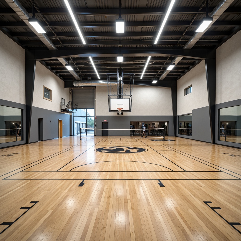 Prompt: Modern gymnasium interior, polished wooden flooring, matte finish walls, sturdy steel beams, suspended ceilings, bright LED lighting, athletic equipment, basketball hoops, volleyball nets, exercise machines, rubberized tracks, mirrored walls, sleek metal handrails, durable PVC coatings, sound-absorbing panels, natural ventilation systems, energy-efficient HVAC, minimalist color scheme, industrial-chic decor, wide-open spaces, shallow depth of field, 1/2 composition, softbox lighting, realistic textures.