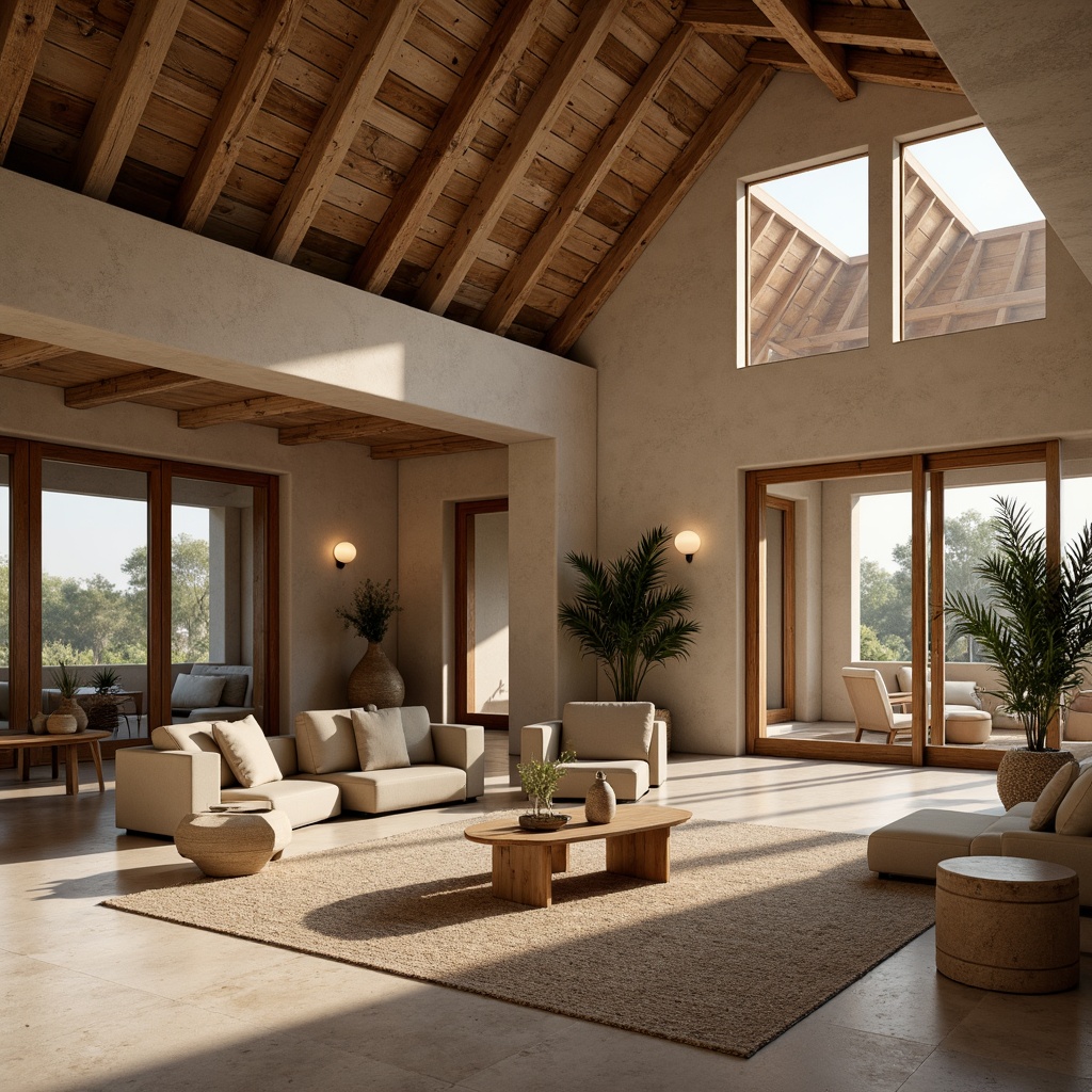 Prompt: Rustic regionalism style villa, earthy tones, natural stone walls, wooden accents, sloping roofs, large windows, clerestory windows, skylights, open floor plans, minimalist decor, woven textiles, earthenware pottery, candlelight ambiance, warm beige color palette, soft diffused lighting, shallow depth of field, 1/2 composition, panoramic view, realistic textures, ambient occlusion.