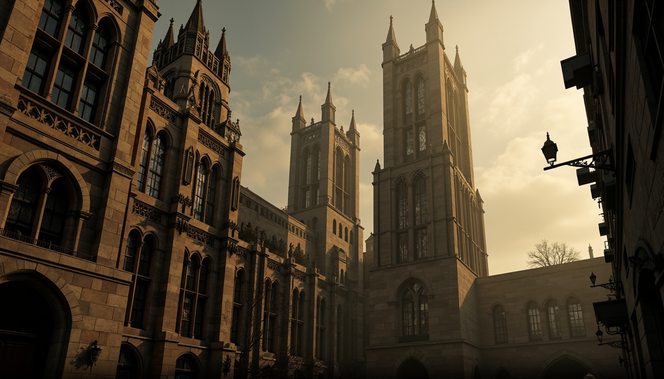 Prompt: Mysterious watching towers, Gothic fa\u00e7ade architecture, stone carvings, pointed arches, ribbed vaults, flying buttresses, stained glass windows, intricate tracery, grandeur scale, medieval inspiration, mystical atmosphere, misty morning, warm golden lighting, high contrast, dramatic shadows, 1/1 composition, symmetrical framing, ornate details, rich textures, cinematic mood.