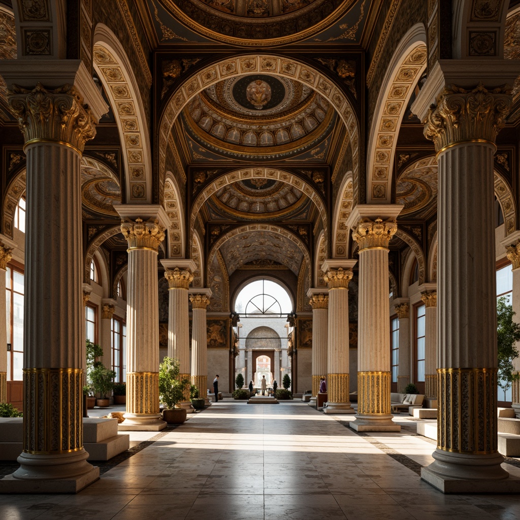 Prompt: Ornate Byzantine columns, intricately carved capitals, marble floors, ornamental arches, gilded mosaics, grand entranceways, vaulted ceilings, majestic domes, golden accents, luxurious fabrics, ancient stone walls, mysterious ambiance, soft warm lighting, shallow depth of field, 3/4 composition, panoramic view, realistic textures, ambient occlusion.