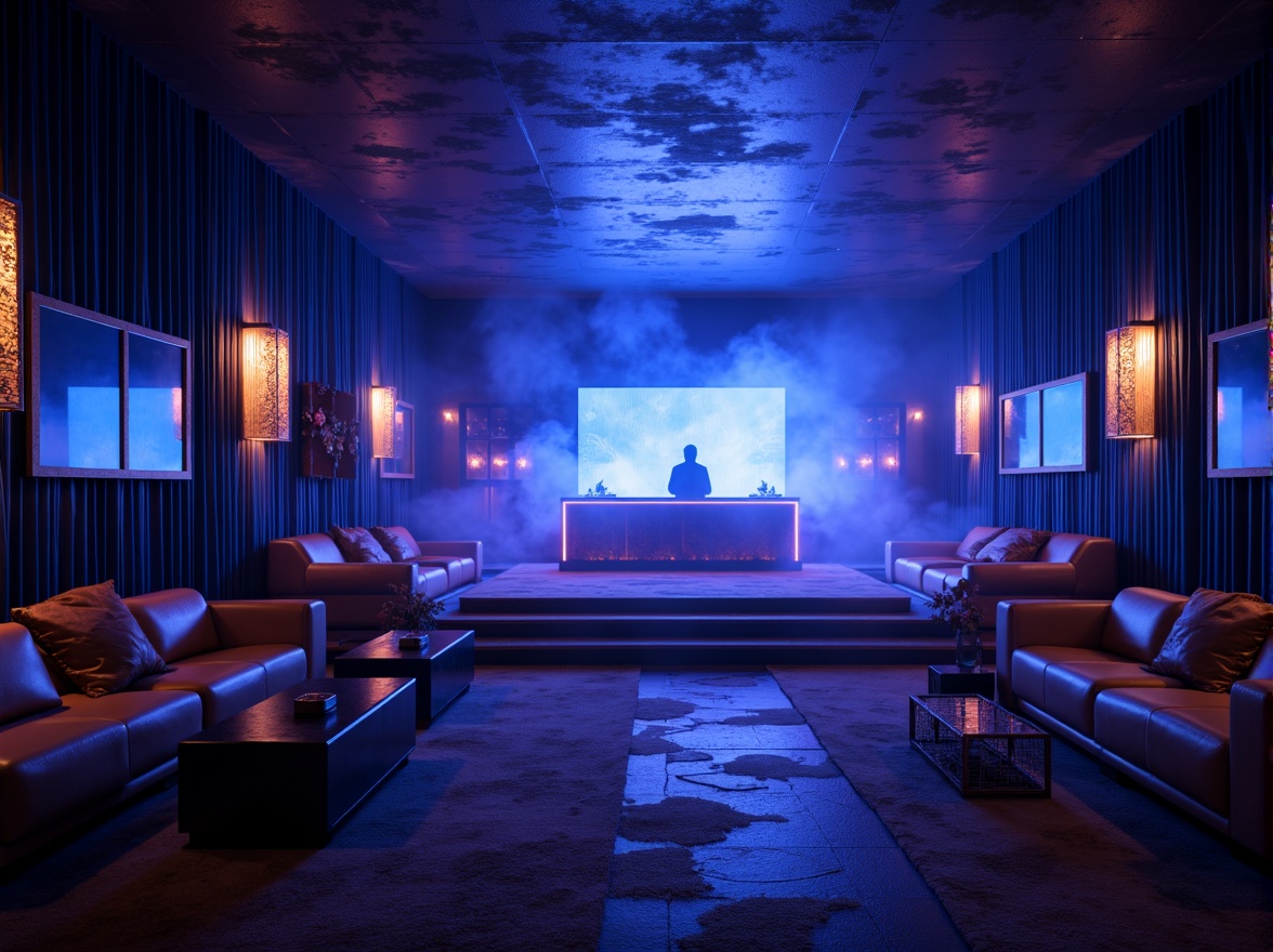 Prompt: Dark blue violet walls, neon lights, DJ booth, strobe lights, dance floor, velvet curtains, luxurious sofas, glass tables, metallic accents, LED installations, futuristic decor, atmospheric fog, dim warm lighting, shallow depth of field, 1/1 composition, panoramic view, realistic textures, ambient occlusion.