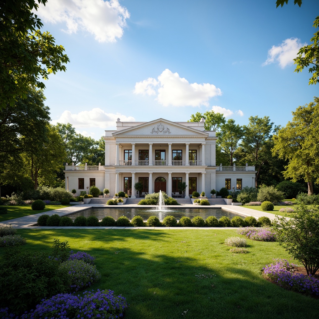 Prompt: Grandiose neoclassical mansion, symmetrical fa\u00e7ade, ornate columns, carved stone details, lush green lawns, serene water features, walking paths, blooming flowerbeds, majestic trees, cloudless blue sky, warm sunlight, soft diffused lighting, subtle depth of field, 1/2 composition, atmospheric perspective, realistic foliage textures, ambient occlusion.