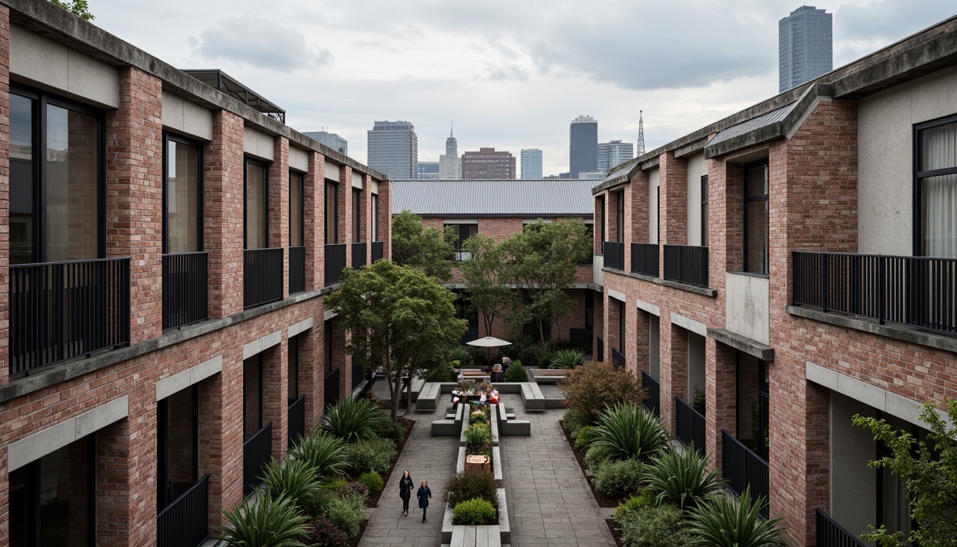 Prompt: Rustic factory-style social housing, industrial-chic facades, weathered steel beams, exposed brick walls, corrugated metal roofs, large warehouse windows, minimalist balconies, communal outdoor spaces, urban cityscape, overcast sky, dramatic shadows, 1/1 composition, symmetrical architecture, brutalist design elements, distressed concrete textures, ambient occlusion.