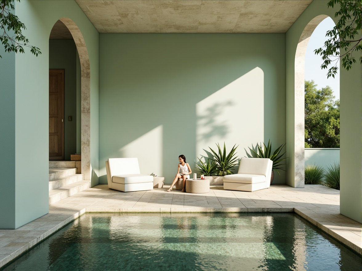 Prompt: Soft celadon walls, serene atmosphere, natural stone floors, minimalist decor, elegant archways, subtle texture contrasts, warm beige accents, calming water features, lush greenery surroundings, modern simplicity, abundant natural light, gentle shadows, 1/1 composition, soft focus blur, realistic reflections.