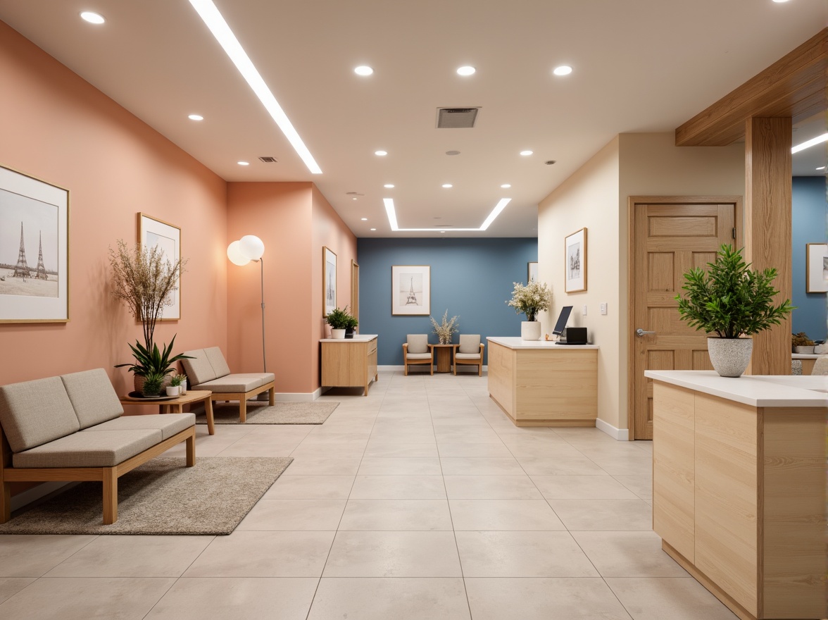 Prompt: Calming medical clinic, soft peach walls, warm beige furniture, soothing blue accents, natural wood tones, creamy white countertops, gentle greenery, peaceful waiting area, comfortable seating, subtle patterned rugs, calming LED lighting, modern minimalist decor, serene atmosphere, shallow depth of field, 3/4 composition, realistic textures.