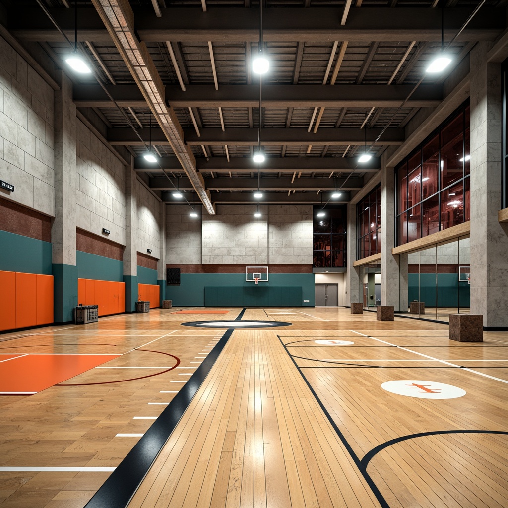 Prompt: Modern gymnasium interior, polished wooden flooring, rubber athletic tracks, mirrored walls, metallic equipment frames, vibrant color accents, natural stone feature walls, industrial-style lighting fixtures, high ceilings, open spaces, dynamic architectural lines, functional minimalist design, textured concrete columns, safety padding materials, durable floor coatings, acoustic soundproofing systems, bright overhead lighting, 1/1 composition, shallow depth of field, realistic textures.