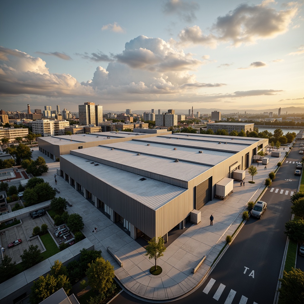 Prompt: Sleek distribution center, modern industrial architecture, angular roof lines, metallic cladding, exposed ductwork, minimalist design, functional simplicity, vast open spaces, high ceilings, natural light pouring in, concrete flooring, steel beams, urban landscape, busy streets, cityscape views, dramatic cloud formations, warm golden lighting, shallow depth of field, 2/3 composition, realistic textures, ambient occlusion.Let me know if you need any adjustments!