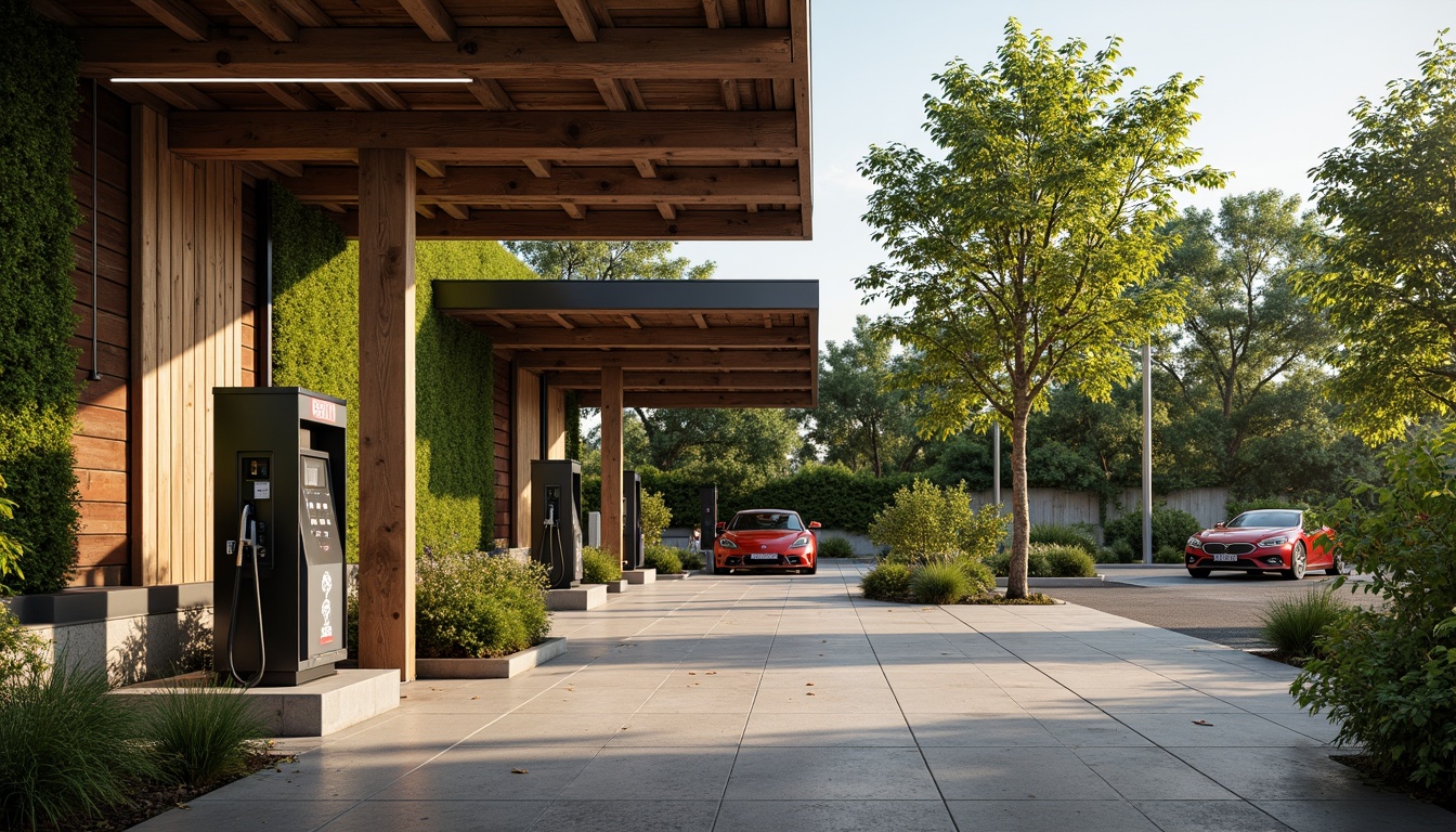 Prompt: Rustic gas station, reclaimed wood accents, living green walls, native plants, organic shapes, earthy tones, natural stone flooring, bamboo canopies, solar panels, wind turbines, rainwater harvesting systems, recycled metal structures, low-carbon footprint, eco-friendly signage, warm soft lighting, shallow depth of field, 1/1 composition, realistic textures, ambient occlusion.