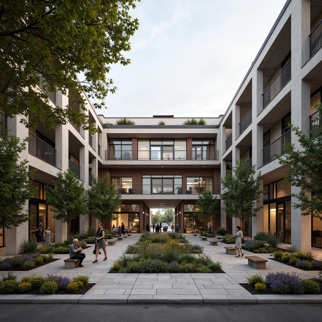 Prompt: Rustic courthouse building, Bauhaus-inspired architecture, symmetrical facade, rectangular shapes, clean lines, minimal ornamentation, functional design, open courtyard, lush greenery, vibrant flowers, walking paths, benches, natural stone flooring, reclaimed wood accents, metal railings, modern lighting fixtures, clerestory windows, industrial-chic aesthetic, urban landscape integration, bustling city streets, concrete sidewalks, asphalt roads, dynamic streetlights, 3/4 composition, shallow depth of field, realistic textures, ambient occlusion.