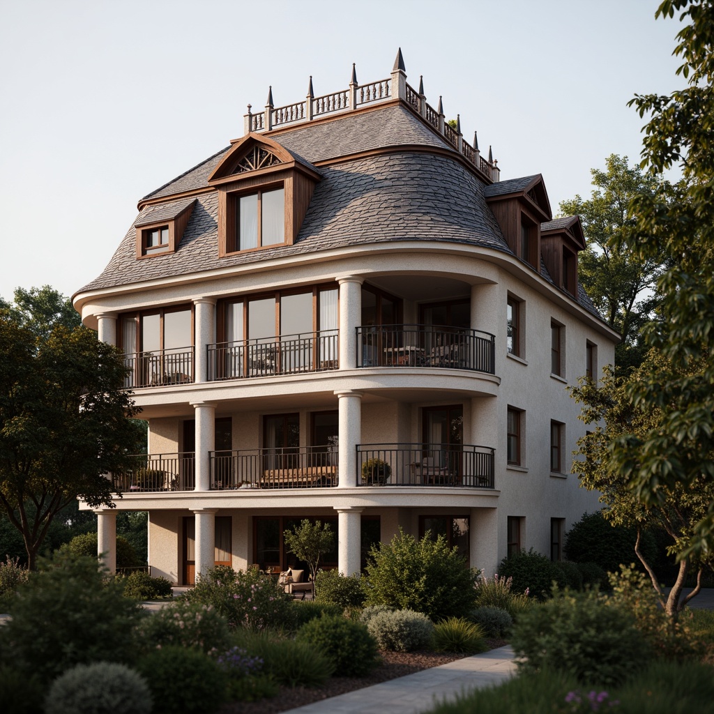 Prompt: Grandiose mansion, ornate roof tiles, curved cornices, decorative finials, classical columns, intricate stonework, luxurious balconies, ornamental ironwork, subtle color palette, earthy tones, soft warm lighting, shallow depth of field, 3/4 composition, panoramic view, realistic textures, ambient occlusion.