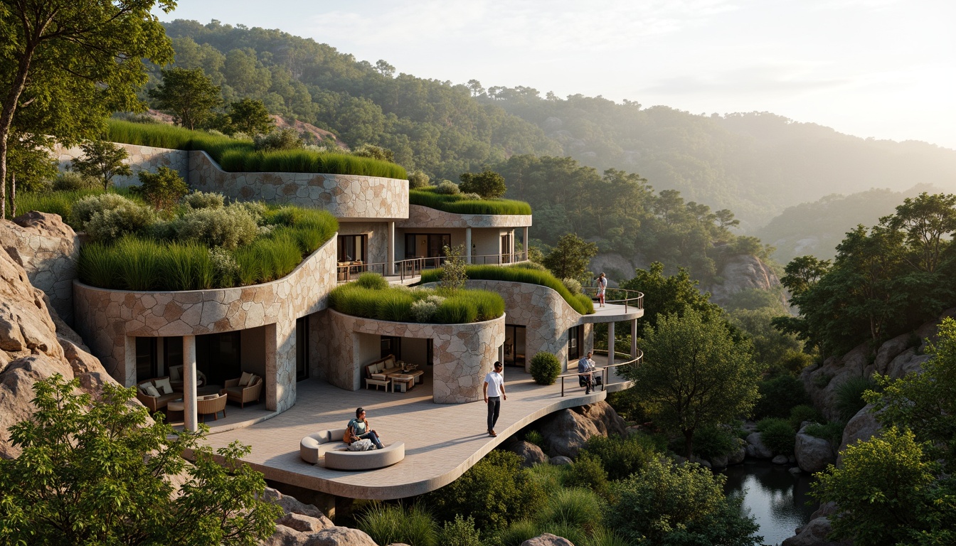 Prompt: Seamless home integration, lush green roofs, native plant species, natural stone facades, earthy color palette, organic architecture, curved lines, blending boundaries, outdoor living spaces, wooden decking, cantilevered structures, panoramic views, dappled light filtering, misty mornings, soft focus, shallow depth of field, 1/2 composition, warm ambient lighting, realistic foliage, detailed textures.