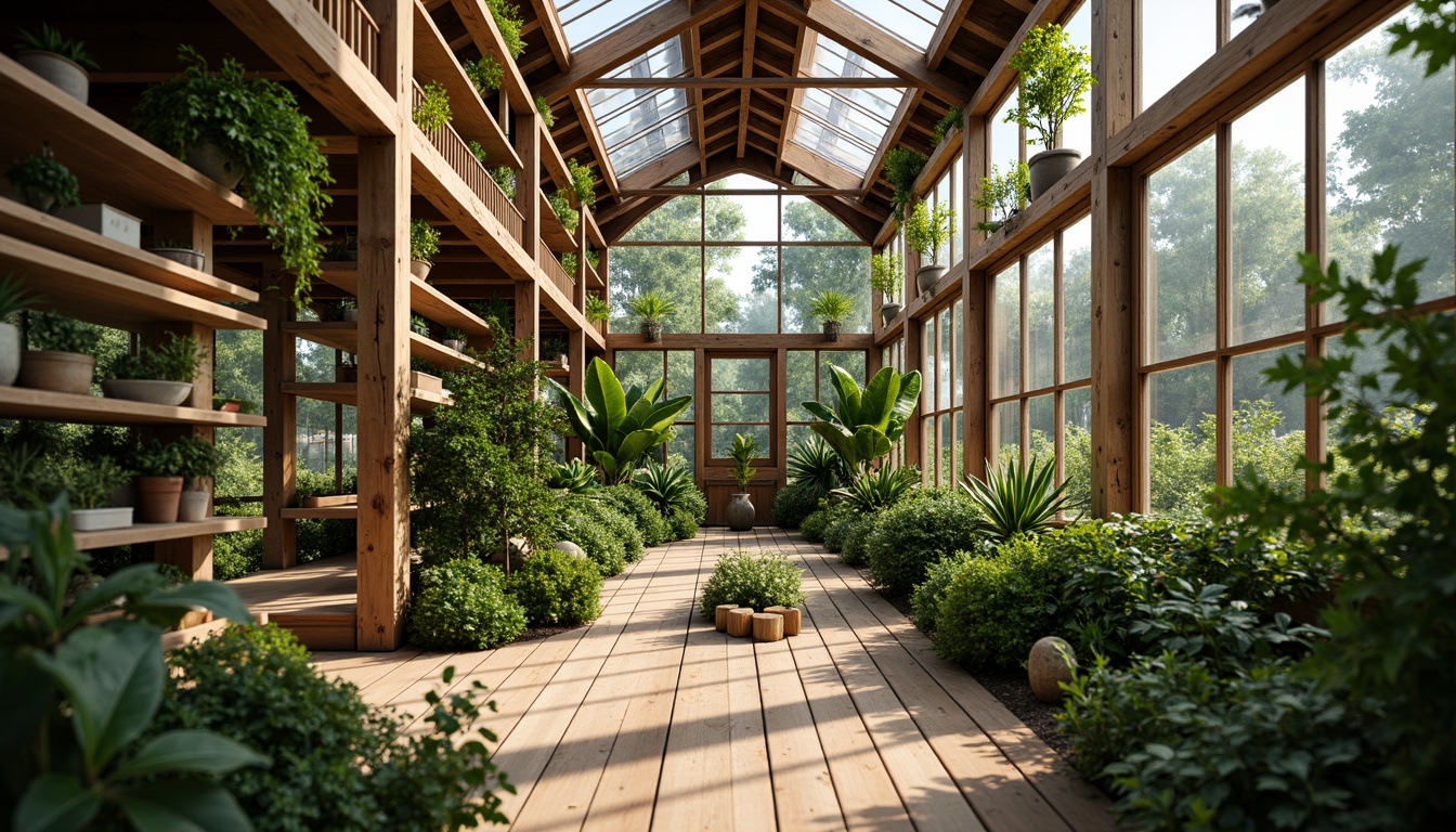 Prompt: Rustic greenhouse, reclaimed wood frames, living green walls, lush tropical plants, natural ventilation systems, solar panels, rainwater harvesting systems, bamboo flooring, recycled glass windows, earthy color palette, organic forms, curved lines, minimalist decor, warm soft lighting, shallow depth of field, 1/1 composition, intimate atmosphere, realistic textures, ambient occlusion.