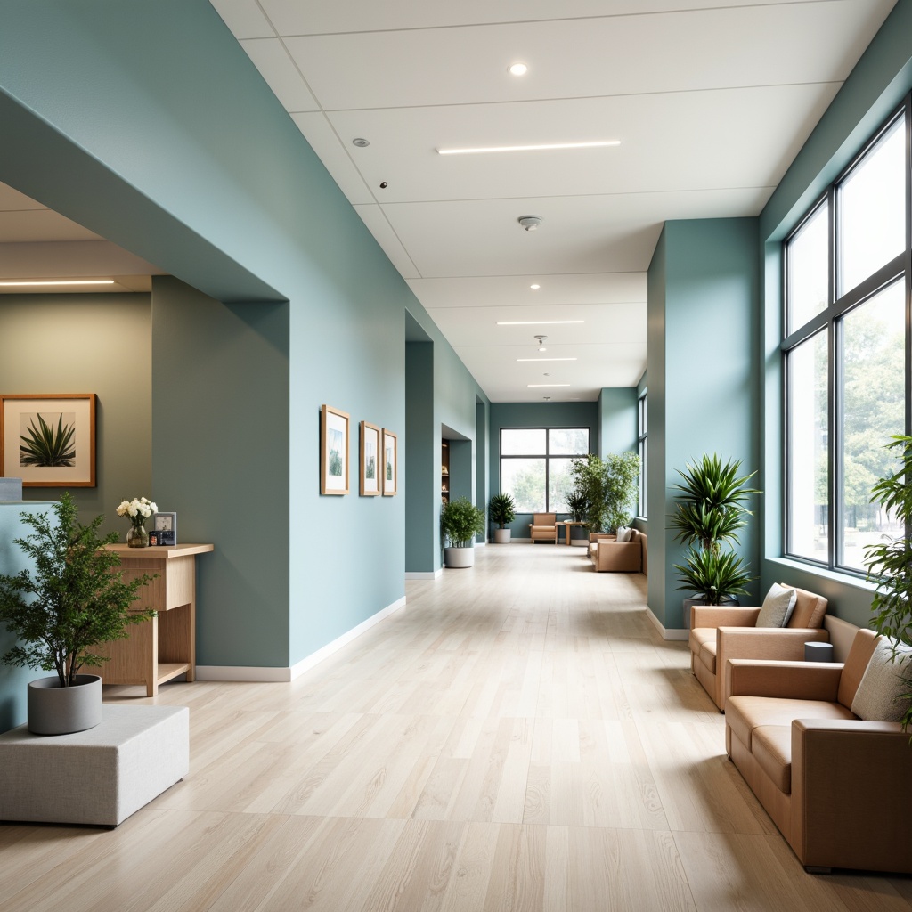 Prompt: Soothing hospital interior, calming blue walls, crisp white accents, warm beige furniture, natural wood tones, gentle greenery, soft peach undertones, serene ambient lighting, comfortable waiting areas, cozy consultation rooms, minimalist decor, subtle texture contrasts, rounded shapes, organic patterns, earthy materials, nature-inspired artwork, peaceful atmosphere, shallow depth of field, 1/1 composition, realistic renderings, ambient occlusion.