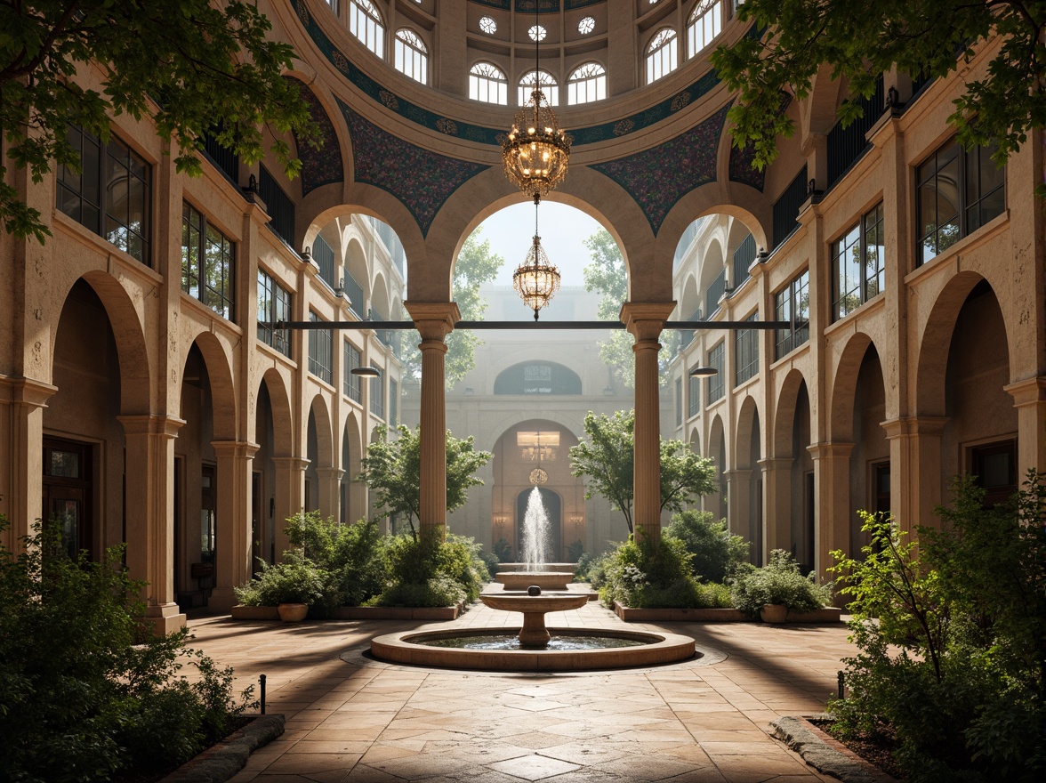 Prompt: Sacred mosque, grand dome, intricate arches, ornate minarets, vibrant Islamic patterns, lush courtyard, serene fountain, natural stone flooring, ornate chandeliers, stained glass windows, warm soft lighting, shallow depth of field, 3/4 composition, symmetrical architecture, dramatic ceiling heights, sacred relics, peaceful ambiance, misty morning atmosphere, subtle color palette, cultural heritage inspiration.