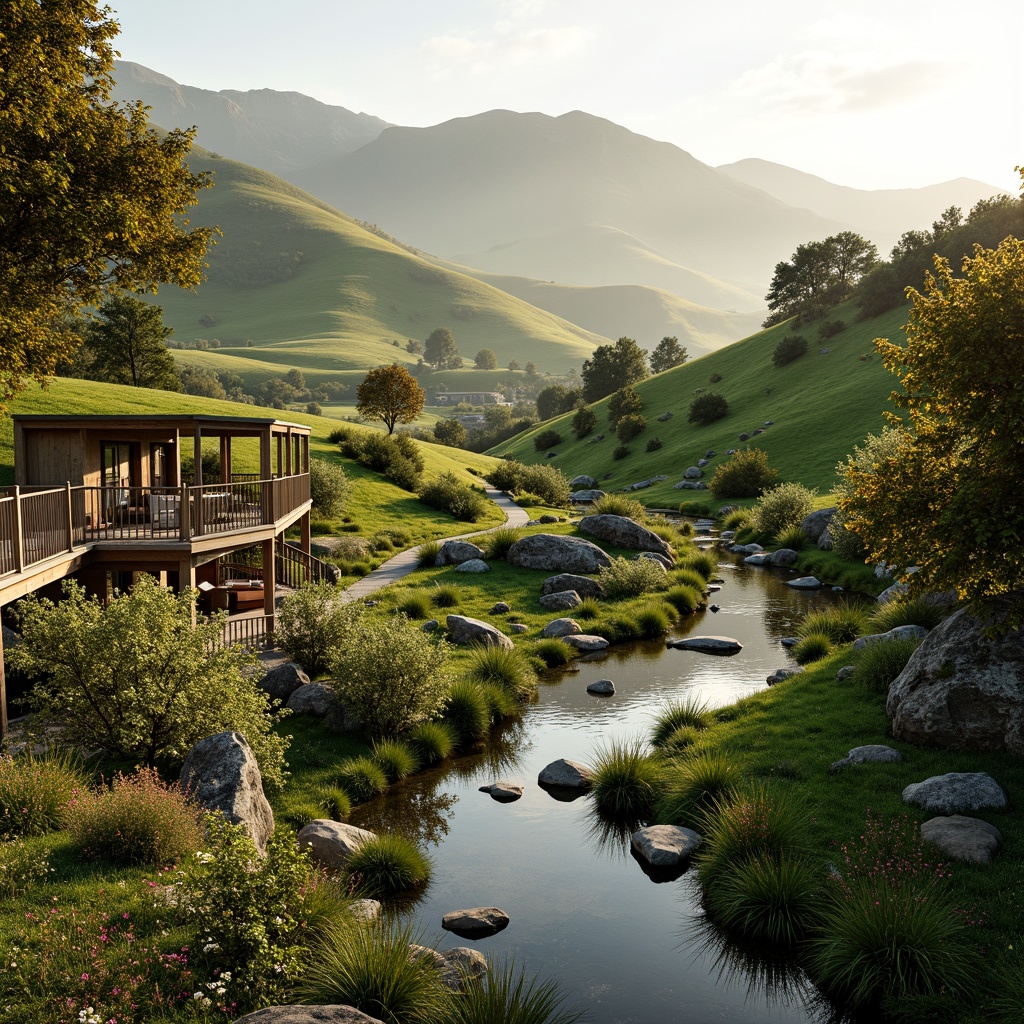 Prompt: Harmonious landscape integration, rolling hills, lush greenery, meandering pathways, natural stone walls, rustic wooden fences, vibrant wildflowers, serene water features, shallow ponds, rippling brooks, misty atmosphere, warm golden lighting, soft focus effect, 1/3 composition, panoramic view, realistic textures, ambient occlusion, organic shapes, earthy tones, sustainable design principles, eco-friendly materials, innovative irrigation systems, shaded outdoor spaces, comfortable seating areas.