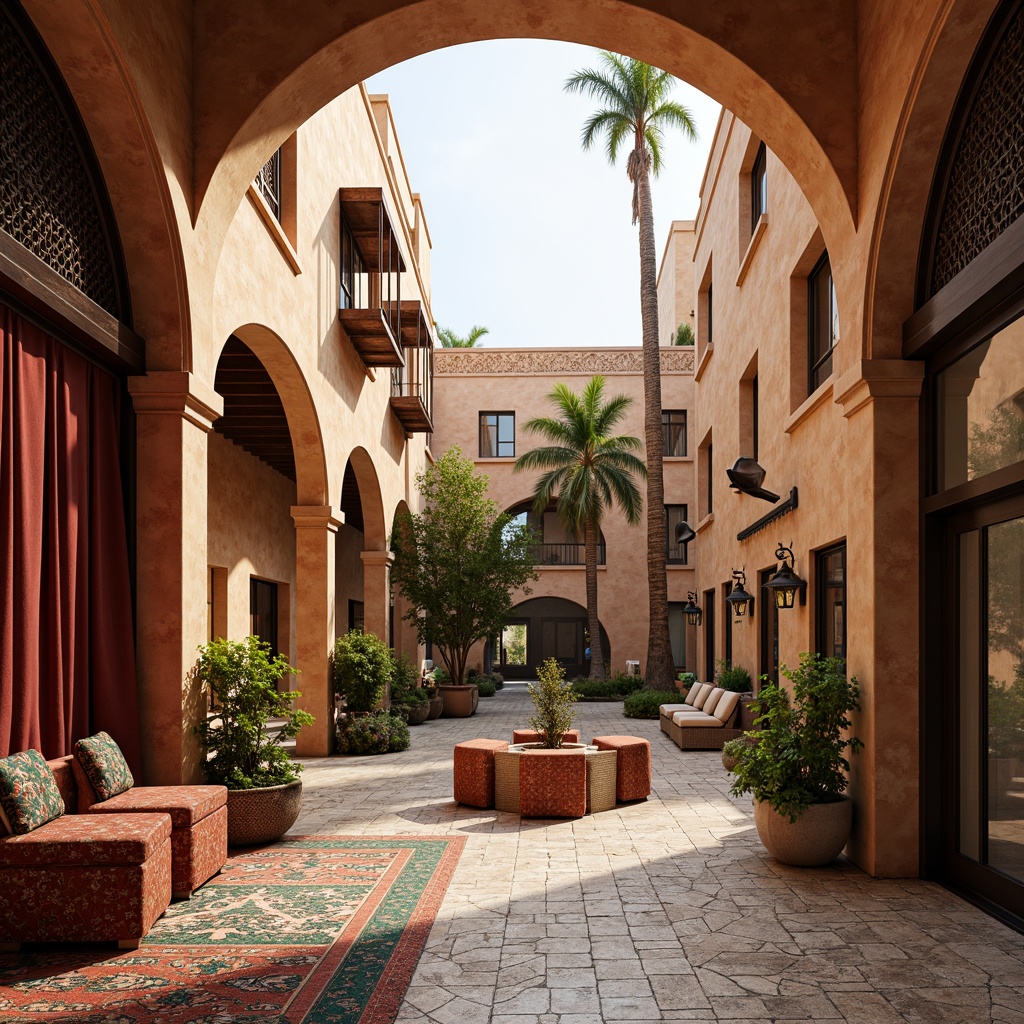 Prompt: Earthy-toned facades, ornate ceramic tiles, curved Moorish arches, intricate stone carvings, rustic wooden accents, vibrant colorful textiles, patterned latticework, warm golden lighting, soft Mediterranean breeze, lush greenery, palm trees, tranquil courtyard, 1/1 composition, shallow depth of field, realistic textures, ambient occlusion.