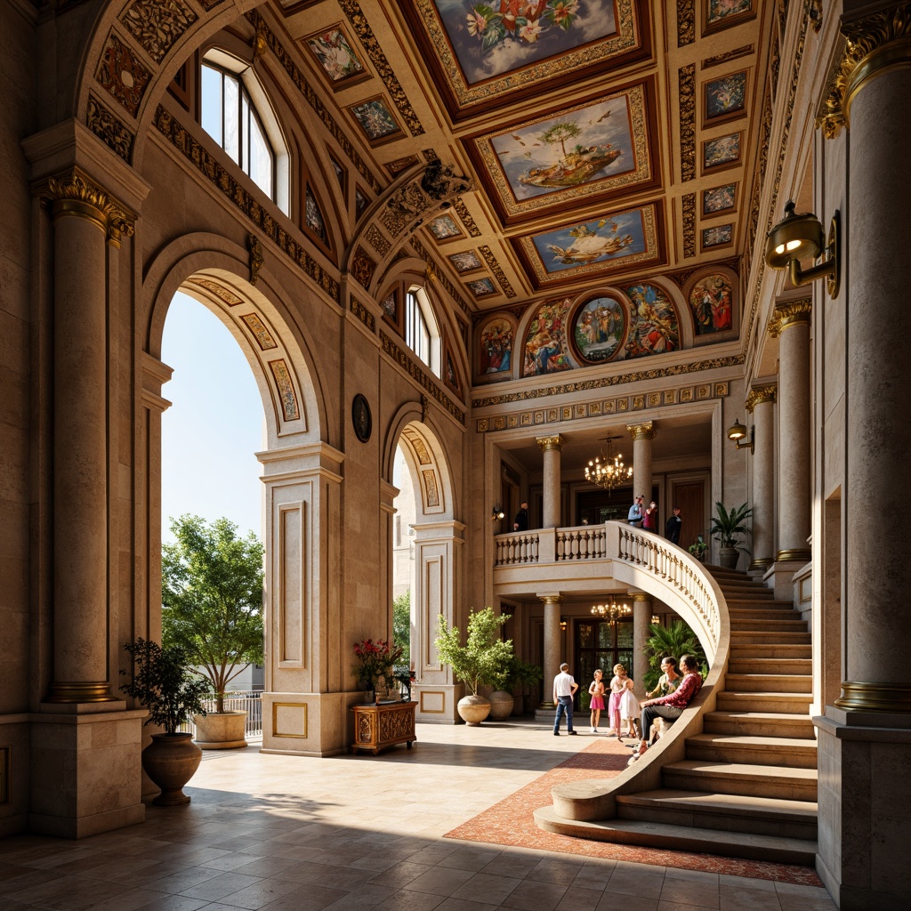 Prompt: Grandiose community center, ornate arched entrances, intricately carved stone facades, vibrant fresco ceilings, lavish chandeliers, sweeping staircases, majestic pillars, richly textured marble floors, opulent furnishings, warm golden lighting, shallow depth of field, 1/1 composition, symmetrical framing, dramatic shadows, realistic reflections, ambient occlusion.