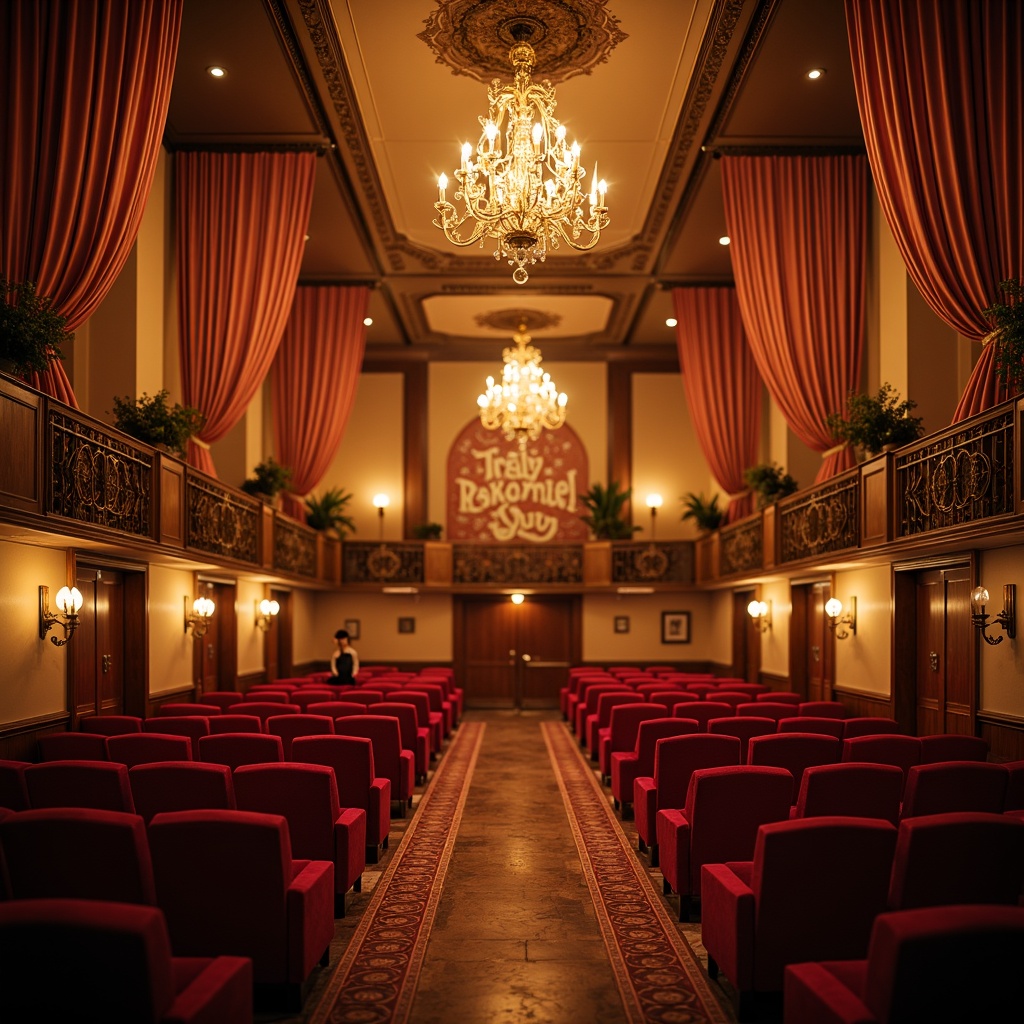 Prompt: Whimsical concert hall, ornate chandeliers, rich velvet drapes, warm golden lighting, intimate seating areas, plush crimson armchairs, soft focus blur, shallow depth of field, 1/1 composition, romantic ambiance, elegant cursive typography, luxurious fabrics, subtle sheen, warm beige walls, dark wood accents, vintage music instruments, soft pastel colors, delicate florals, dreamy atmosphere, warm candlelight, relaxed mood, gentle color transitions.