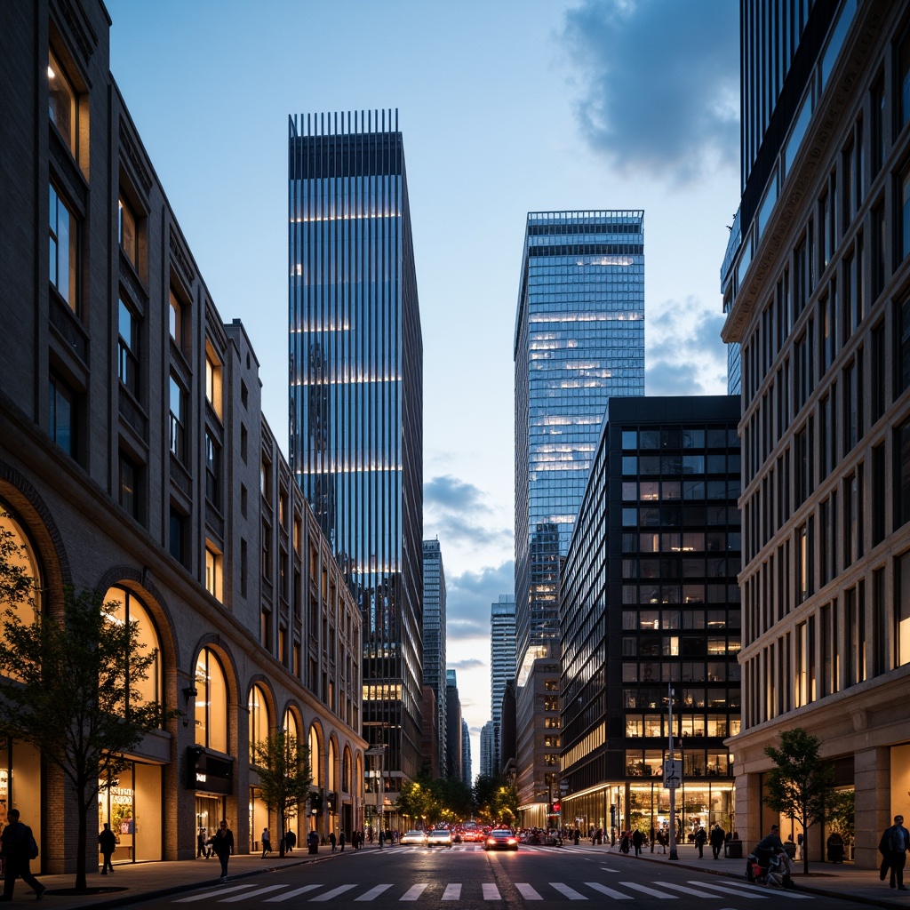 Prompt: Tall skyscrapers, sleek metallic facades, grand entrance archways, slender columns, vertical windows, cantilevered roofs, modern high-rise buildings, urban cityscape, busy street life, cloudy blue sky, dramatic shadows, warm golden lighting, low angle shot, 1/2 composition, atmospheric perspective, realistic reflections, detailed textures.