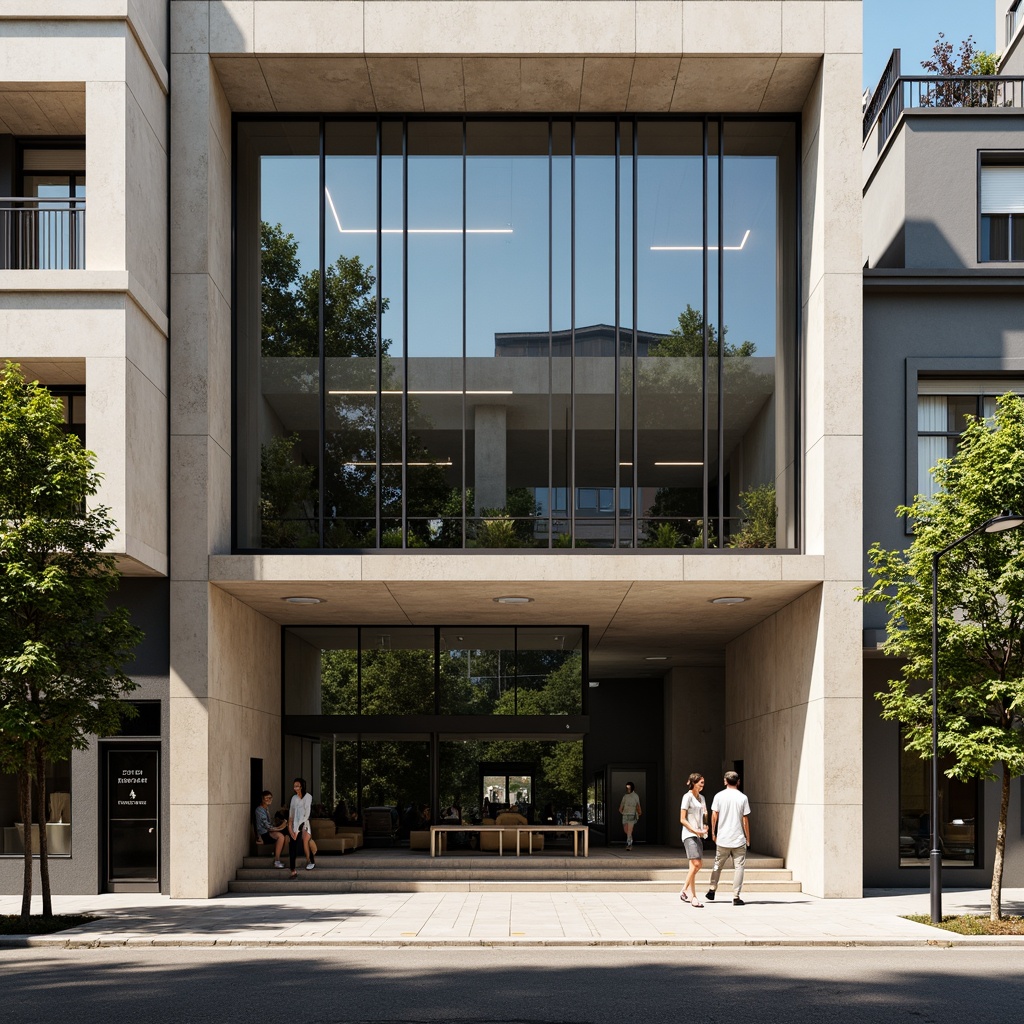 Prompt: Courthouse facade, geometric shapes, clean lines, rectangular forms, primary colors, industrial materials, steel frames, concrete walls, minimalist ornaments, functional details, symmetrical composition, high-contrast lighting, dramatic shadows, 1/1 aspect ratio, urban cityscape, busy street scene, natural stone pavement, modernist architecture, abstract patterns, bold typography, striking contrasts, afternoon sunlight, soft focus, shallow depth of field.