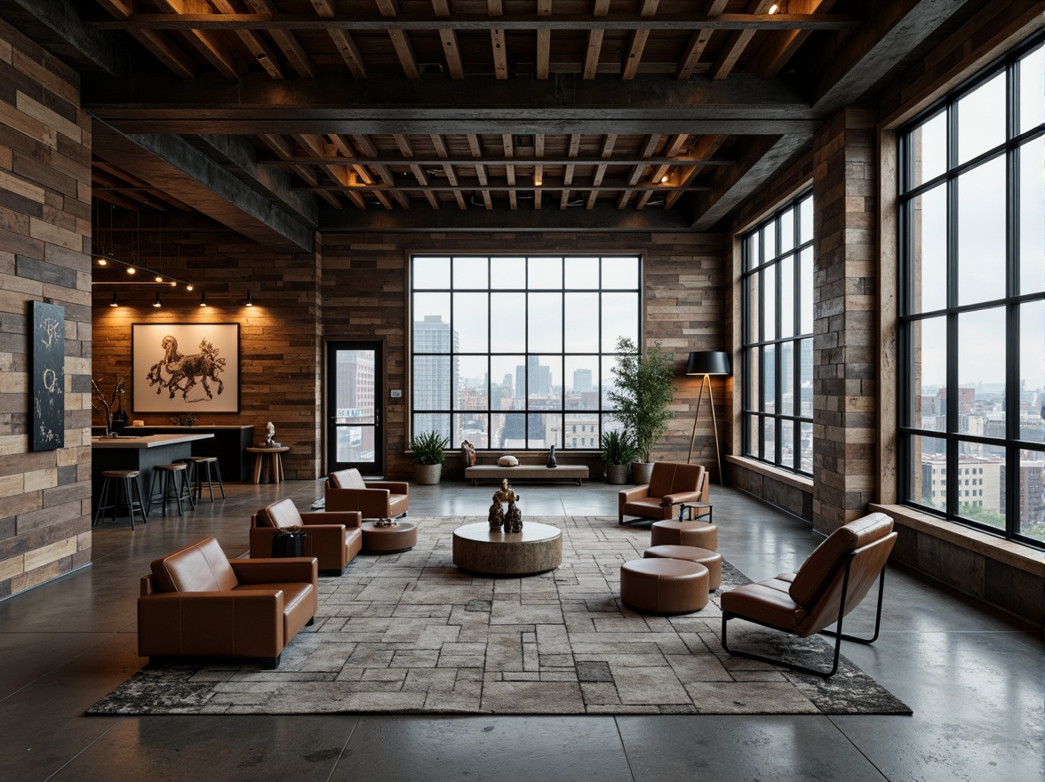 Prompt: Rustic metal beams, reclaimed wood accents, exposed brick walls, industrial-style lighting fixtures, minimalist concrete floors, distressed leather upholstery, metallic paint finishes, geometric patterned rugs, avant-garde sculptures, abstract artwork, brutalist architecture, functional minimalism, urban cityscape views, overcast skies, dramatic shadowing, low-key lighting, cinematic composition, high-contrast textures, gritty realistic rendering.