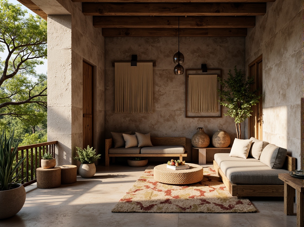 Prompt: Earthy tone, natural stone walls, rough-hewn wooden accents, distressed metal finishes, woven fiber textiles, organic shapes, rustic charm, regional cultural influences, traditional craftsmanship, earthy color palette, muted greenery, ambient warm lighting, shallow depth of field, 1/2 composition, realistic textures, subtle weathering effects.